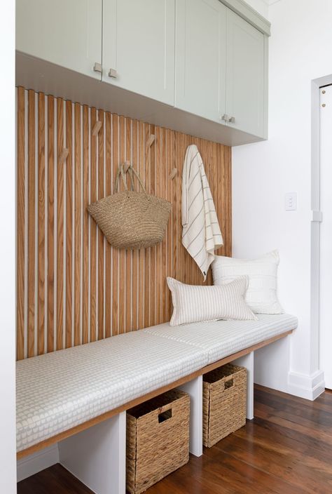 kaboodle laundry cabinets and panel oak timber wall with bench seat Diy Coffered Ceiling, Oak Floating Shelves, Custom Front Doors, Board And Batten Wall, Timber Walls, Laundry Design, Mudroom Design, Timber Panelling, Kitchen Transformation