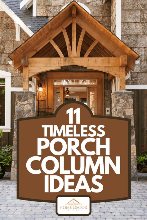 Front Porch Cedar Post Ideas, Craftsman Style Patio Ideas, Porches With Stone Columns, Deck Pillar Ideas, Double Porch Posts, Front Porch Column And Railing Ideas, Porch Pillars Makeover, Front Porch Column Ideas Wood, Front Porch Post Wraps