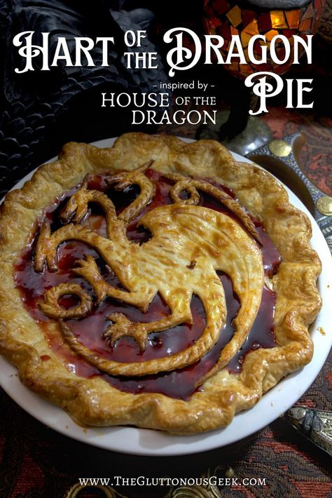 Hart of the Dragon Pie inspired by House of the Dragon. Recipe by The Gluttonous Geek. Dnd Dessert Recipes, Dragon Shaped Food, House Of The Dragon Recipes, Midevil Food Ideas, Dragon Themed Snacks, Game Of Thrones Food Ideas, House Of The Dragon Watch Party, House Of The Dragon Food Ideas, Game Of Thrones Food Recipes