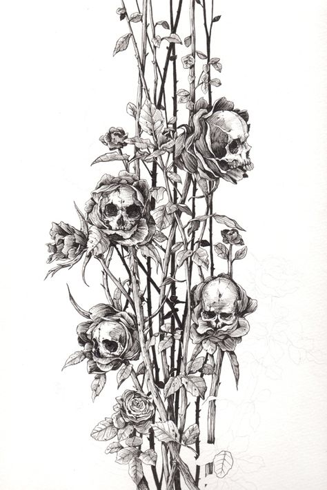 Kunst Tattoos, 동화 삽화, Theme Tattoo, Skeleton Art, Flower Skull, Skull Tattoos, Skull And Bones, Skull Art, Drawing Techniques