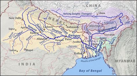 The course of the River Ganges. Beginning in the Himalaya it runs for 2,700 km to the Bay of Bengal. Indian River Map, Brahmaputra River, Map Of India, Ias Study Material, Ganges River, Physical Geography, Geography Map, Bay Of Bengal, Geography Lessons