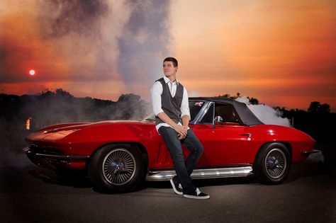 Awesome Senior Picture with '66 Corvette. Sunset and smoke. Photo by Lisa Karr Photography Prom Photography Poses, Horse Senior Pictures, Boy Senior Portraits, Prom Photography, Car Poses, Senior Boy Poses, Senior Portrait Poses, Senior Pictures Boys, Senior Picture Outfits