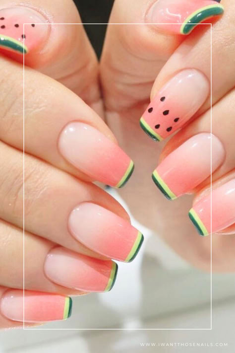 Short Cute Nails Spring, Pop Up Nail Art, Fruit Nail Art Designs, Watermelon French Tip Nails, Cute Nail Art Designs Summer, Subtle Nails Designs, Very Easy Nail Designs, Watermelon Nails Design, Summer Themed Nails