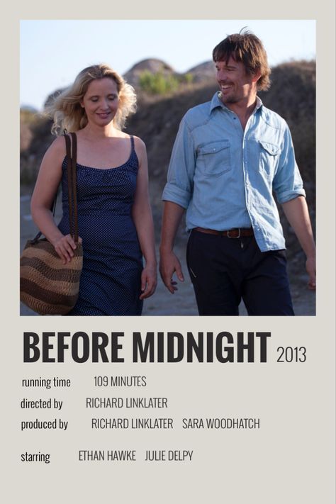 Before Midnight Poster, Before Midnight Movie, Midnight Film, Minimalistic Polaroid Poster, Richard Linklater, Romance Movie Poster, Before Trilogy, Indie Movie Posters, Meet Me At Midnight