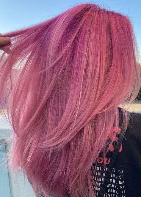 Blond To Pink Hair, Mixed Pink Hair, Pink Hair Dye Aesthetic, All Over Pink Hair, Dark To Light Pink Hair, Pink Hair With Pink Highlights, Pink Hair Layers, Hair Colour Ideas Pink, Pink Dimensional Hair