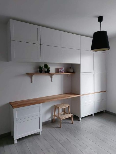 Ikea Besta Playroom, Home Office Wall Cabinets, Storage Wall With Desk, Desk And Storage Wall, Office Wall Cabinets, Ikea Studio, Ikea Hack Besta, Ikea Study, Ikea Wall Cabinets