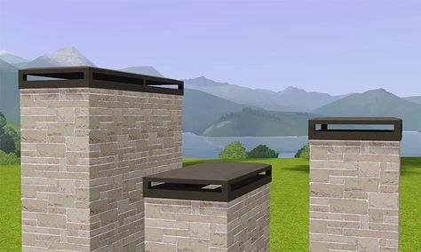 Decorative chimney caps by Gelina's Sims 3 Blog These would bu perfect for modern houses! #sims3cc Chimney Caps Ideas Design, Modern Chimney Cap, Chimney Design Modern, Chimney Caps Ideas, Chimney Cowls, Fireplace Chimney, Chimney Caps, Chimney Design, Exterior Fireplace