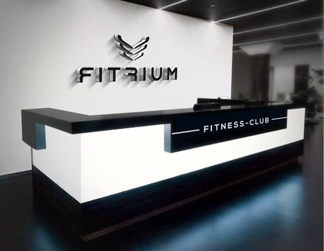 Gym Reception Design Ideas, Gym Reception Desk, Office Front Desk Design, Counter Design With Logo, Gym Front Desk Design, Gym Front Desk, Gym Counter Design, Gym Front Desk Reception Areas, Front Desk Design Receptions