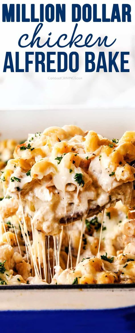 Chicken Alfredo Bake - Carlsbad Cravings Perfect Chicken Alfredo Delish, Dinner Recipes With Alfredo Sauce, Recipes Using Canned Alfredo Sauce, Chicken Alfredo Recipes For Dinner, Chicken Alfredo Canned Sauce, Premade Alfredo Sauce Recipes, Alfredo Sauce Uses, Chicken Alfredo Large Crowd, Oven Alfredo Pasta