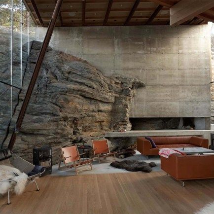 Residence Architecture, Hunting Chair, Mid Century Furnishings, Rock Wall, Ex Machina, Floor To Ceiling Windows, Sustainable Architecture, Brutalism, Minimalist Interior