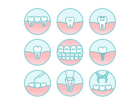 DENTAL ICONS illustration icon flat orthodontics implant rootcanels filling cleaning extraction tooth dentist dental Care Illustration, Dental Advertising, Dental Photos, Dental Clinic Logo, Dental Extraction, Dental Decay, Dental Posters, Kedokteran Gigi, Dental Health Care