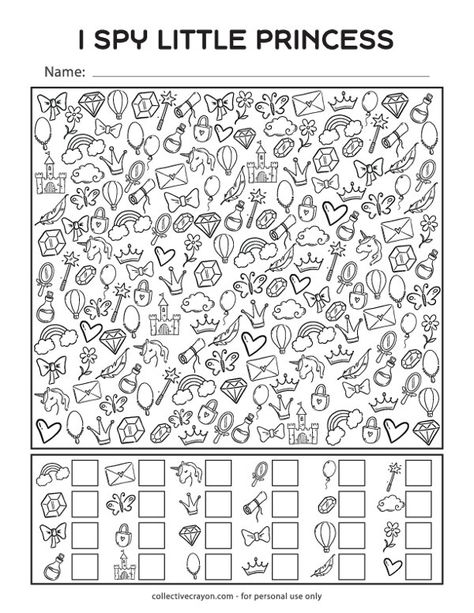 Free Printable I Spy Little Princess Princess Worksheets, I Spy Printable, Spy Games For Kids, Princess Activities, Character Worksheets, Disney Activities, Princess Printables, I Spy Games, Disney Printables