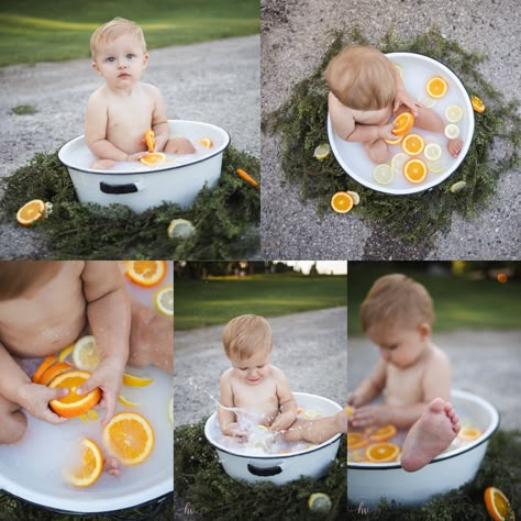 Milk Bath Photography Baby Boy, Lemon Milk Bath, Baby Milk Bath, Bath Photoshoot, Milk Photography, Milk Bath Photos, Bath Pictures, Baby Birthday Photoshoot, 1 Year Photos