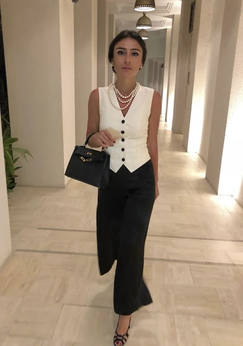 Blazer And Vest Women, Pearl Vest Outfit, Classy Vest Outfits, Waist Vest Outfits For Women, Female Vest Outfits, How To Style Vest Women, Women’s Suit Vest Outfit, Cream Waistcoat Outfit Women, Tuxedo Vest Outfit Women