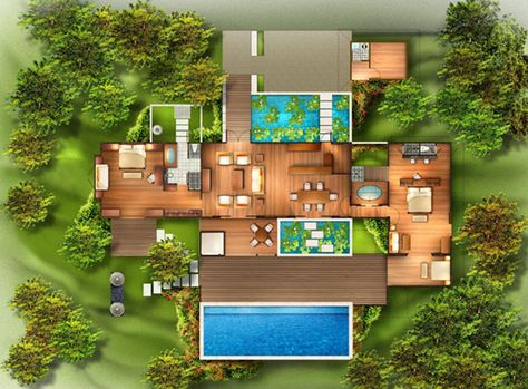 I was searching online for balinese style and tropical style house plans today. When I think of tropical houses, I envision grass thatched r... Small Tropical House, Tropical House Plans, Pallet House Plans, House Plans Colonial, Bali Style Home, Modern Tropical House, Tropical House Design, House Plans With Photos, Bali House