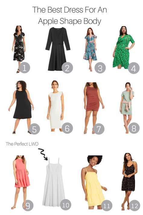 Holiday Dress For Apple Shape, Apple Body Clothes, Best Dress Silhouette For Apple Shape, Skirt For Apple Shape Body Types, Apple Shape Skirt Outfits, Best Dresses For Apple Shape Body Types, Apple Shape Capsule Wardrobe, Best Dress For Apple Shape, How To Dress Apple Shape Plus Size