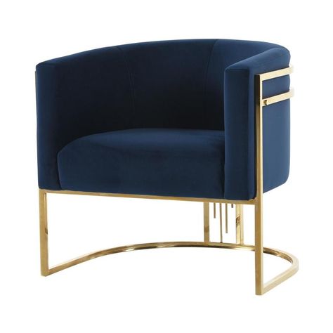 The Gatsby Blue Accent Chair is sure to make you and your guests feel luxurious. With its gold steel base and velvet seat, this sleek barrel back style chair adds a spark of art deco to any modern space! Care: When you purchase upholstered furniture, you want to make sure it lasts a long time in your home for you to enjoy for years to come. In order to keep your pieces strong and prevent soiling, it is best to take care of your fabric with routine maintenance such as lightly brushing the fabric with a soft brush or vacuum. This helps remove the accumulation of dust and grime.Sometimes life is not under our control. If you encounter a spill on upholstered furniture, do not leave it untreated for too long or else it will be absorbed into the fabric of the piece and will be harder to remove. Armchairs Living Room Modern, Blue Velvet Chairs, Blue Accent Chairs, Vanity Chair, Blue Accent, Blue Chair, Art Deco Furniture, Arm Chairs Living Room, Art Deco Inspired