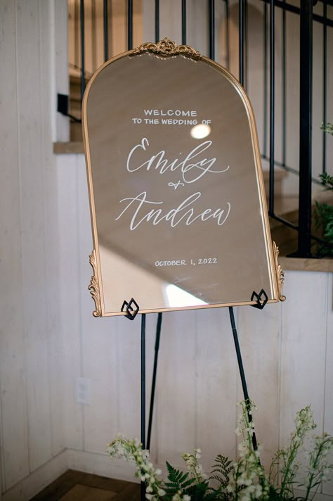 Emily & Andrew Wedding Signs On Mirrors, Standing Mirror Wedding Sign, Tall Mirror Wedding Sign, Arched Mirror Wedding Sign, Wedding Guest List Mirror, We’re So Glad You’re Here Sign Wedding Mirror, Cricket Wedding, Botanica Wedding, Mirror Wedding Signs