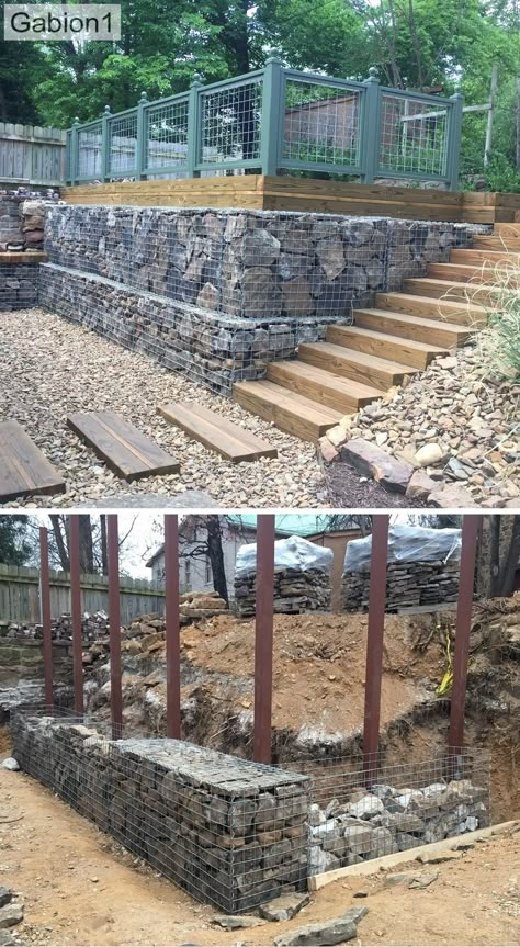 Steep Slope Retaining Wall Ideas, Gabion Retaining Wall Drainage, Fence On Retaining Wall Ideas, Riprap Landscape Design, Hillside Fence, Retaining Wall With Fence, Retaining Wall Backyard, Gabion Garden Ideas, Retaining Wall Ideas Hillside