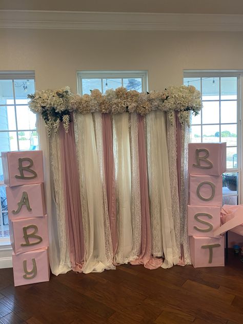 Floral Baby shower photo back drop Back Drop For Baby Shower Diy, Backdrop For Baby Shower Girl, Baby Shower Backdrop No Balloons, Mom To Be Backdrop, Simple Floral Backdrop Baby Shower, Floral Backdrop Baby Shower Girl, Diy Baby Shower Backdrop, Pink Curtain Back Drop For Baby Shower, Baby Shower Photo Backdrop