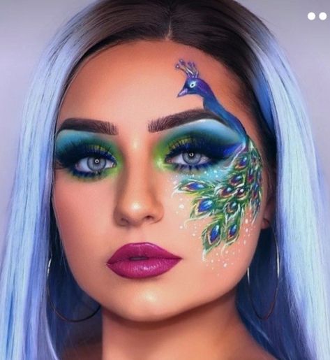 Fantasy Aesthetic Makeup, Blue And Green Eyeshadow, Peacock Eye Makeup, Peacock Makeup, Disney Eye Makeup, Magic Runes, Makeup Illustration, Face Paint Makeup, Face Art Makeup