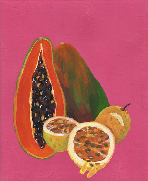 This painting came about through a friend's suggestion while I was trying to finish a Puerto Rican pride painting. She called it a seductive fruit assortment, which I love. #parcha #passionfruit #papaya #bright #pink #fruit #tropical #tropicalfruit #colorful #ashleyrivera #ashleyriveraart Passion Fruit Painting, Fruit Assortment, Ashley Rivera, Watermelon Painting, Disabled Artists, Papaya Art, Puerto Rican Pride, Painting Reference, Pink Fruit