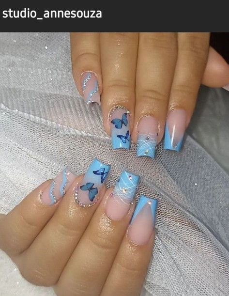 47 Spring Nail Ideas that Will Hit The Season To Copy in | Spring Nails 2024 Spring Nails Green, Spring Nails Blue, Nails Grey, Quinceanera Nails, Butterfly Nail Designs, Nails Gold, Blue Acrylic Nails, Butterfly Nail Art, Fancy Nails Designs