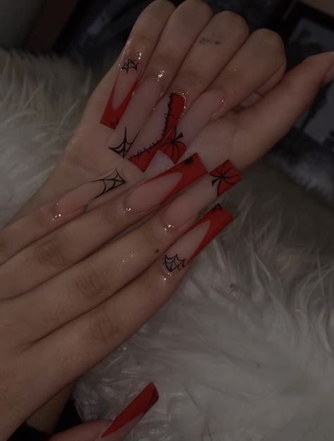 Red Spooky Nails, Quinceanera Nails, Spooky Nails, Halloween Acrylic Nails, Punk Nails, Red Acrylic Nails, Long Acrylic Nail Designs, Girly Acrylic Nails, French Tip Acrylic Nails