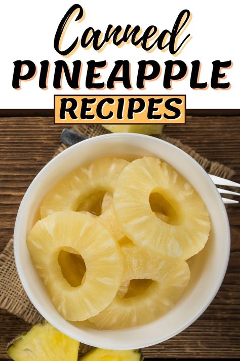 These canned pineapple recipes make the most wonderful dishes, from appetizers to entrees to desserts! Try these dishes, and you'll stock up on canned pineapple from here on out. Recipes With Canned Pineapple Chunks, Recipes Using Canned Pineapple, Can Pineapple Recipes, Canned Pineapple Recipes Desserts, Pineapple Slices Recipe, Recipes Using Pineapple, Canned Pineapple Recipes, Pineapple Sherbet Recipe, Pineapple Recipes Dinner