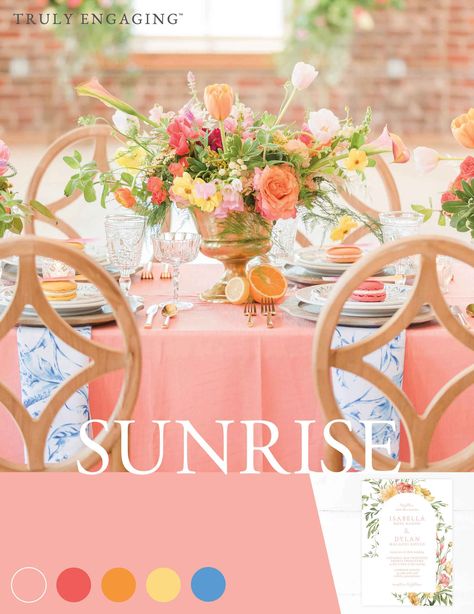 Summer Wedding Color Palette Flowers, Sorbet Wedding Colors, Sunrise Color Palette Wedding, 2023 Wedding Trends Color Schemes Summer, Sunset Colour Wedding, Wedding Color Schemes Colorful, Sunset Wedding Palette, Sunrise Wedding Colors, Summer Wedding Colors Bright