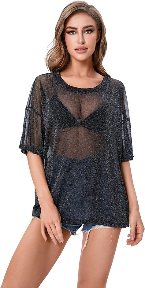 WDIRARA Women's Glitter Sheer See Through Short Sleeve Mesh Top Tee Blouse How To Style A Mesh Top, Dj Costume, Sheer Top Outfit, Short Sleeve Mesh Top, Taylor Swift Tour Outfits, Swift Tour, Sparkly Top, Tour Outfits, Mesh Short