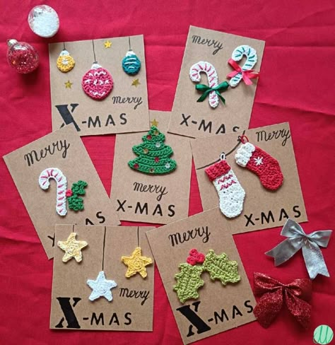 Crochet Christmas Cards Ideas, Crochet Christmas Cards, Crochet Cards, Christmas Card Crochet, Christmas Card Writing, Crochet Christmas Gifts, Christmas Applique, Crochet Christmas Decorations, Crochet Christmas Ornaments