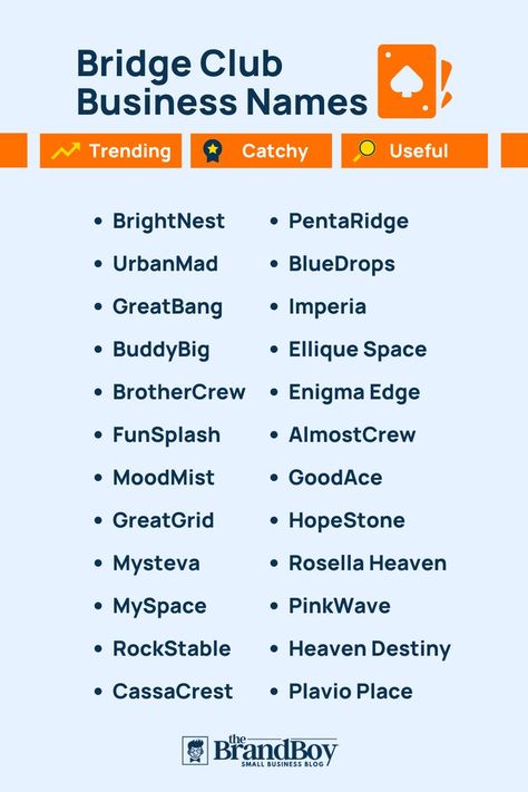 Bridge Club Names Club Names Ideas, Cute Business Names, Company Names Ideas, Club Name, Next Brand, Catchy Names, Social Media Marketing Plan, Names Ideas, Hustle Ideas