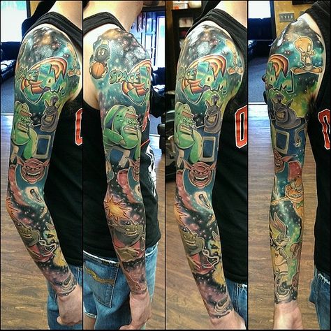 Space Jam full sleeve tattoo...  Danny Black Lotus, Severn MD Monstars Space Jam Tattoo, Space Jam Tattoo Design, Space Jam Tattoo, Jam Tattoo, Powerful Tattoos, Black Lotus Tattoo, Space Tattoo Sleeve, Tattoos And Their Meanings, Brian Dawkins