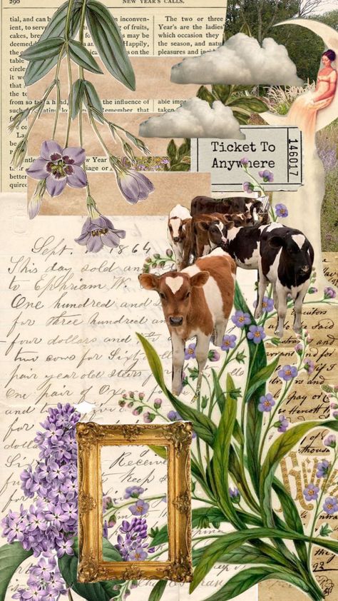 Agriculture Collage, Vintage Aesthetic Green, Aesthetic Cows, Cow Collage, Prairie Aesthetic, Sticker Collage, Flowers Collage, Collage Ideas, Glue Book