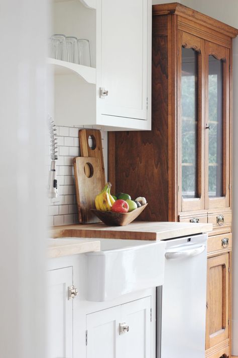 subway tile, antique hutch, butcher block, kitchen Hutch In Kitchen, Kitchen Cabinets Interior, Farmhouse Kitchen Cabinet Decor, The Grit And Polish, Grit And Polish, Antique Hutch, Practical Kitchen, Farmhouse Kitchen Cabinets, Kitchen Renovations