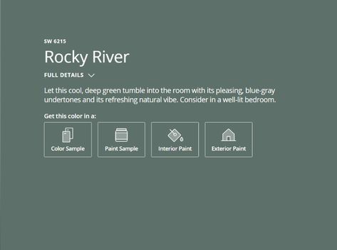 Rocky River SW 6215 | Green Paint Colors | Sherwin-Williams - Google Chrome Rocky River Paint Color, Sw Rocky River Paint, Rocky River Sherwin Williams Cabinets, Sw Rocky River, Rocky River Paint, Rocky River Sherwin Williams, Sherwin Williams Rocky River, Cactus House, Sherman Williams