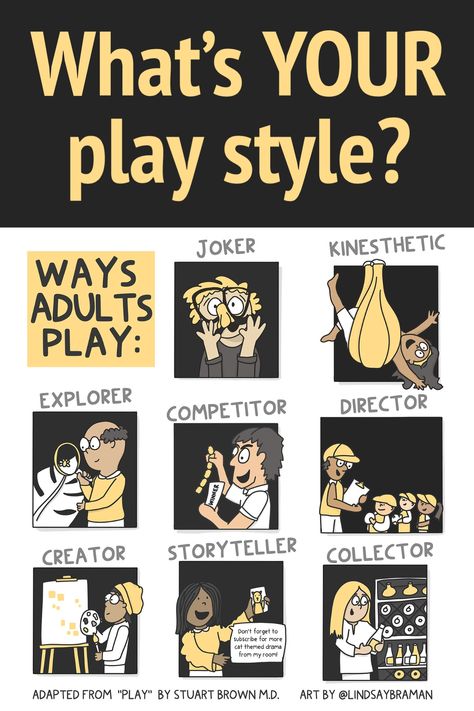 For us adults, many of us think that we “aren’t very playful” or that we’ve “forgotten how to play.” – But I believe both as an artist and as a mental health professional that all of us have the capacity for play as adults. Locating it, valuing it, and giving ourselves permission to play are all keys to unlocking the power of play to make our rest more rejuvenating and our work more productive. Read more and learn your play style (via the link)! Play Therapy For Adults, Play For Adults, Crochet Buddies, Visual Summary, Book Play, Health Infographics, Collage Project, Counseling Tools, Art Teaching Resources