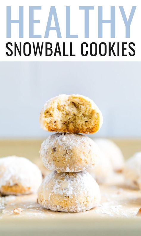 These healthy snowball cookies are made with just 6 ingredients. The base is almond flour, so they’re gluten-free, grain-free and can easily be made vegan. Only 5 grams of sugar per cookie. Gum Drop Cookies, Hclf Recipes, Cookies With Almond Flour, Healthy Christmas Cookies, Gum Drop, Strawberry Oatmeal, Paleo Cookies, Snowball Cookies, Healthy Christmas