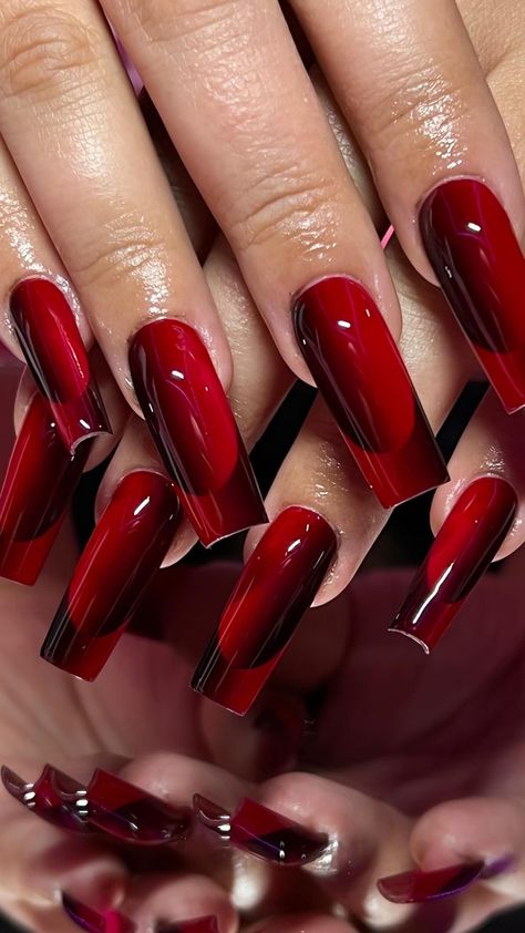 Red Air Brush Nails, Red Fire Nails Designs, French Illusion Nails, Red Airbrush Nails, Red Aura Nails, Illusion Nails, Square Nails Designs, Nails Airbrush, Ombre Nail Art