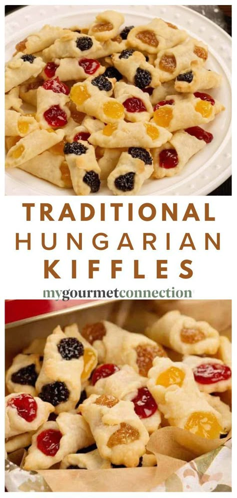 Hungarian Recipes Appetizers, Hungarian Pastry Recipes, Kiffles Recipe Christmas, Easy Hungarian Recipes, Hungarian Kifli Cookies, Hungarian Desserts Easy, Kiffles Recipe Hungarian, Hungarian Cookies Christmas, Filled Cookie Recipes