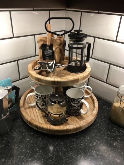 Tea Tray Display, Coffee Mug Storage, Afternoon Tea Stand, Wooden Cake Stand, Mug Storage, Coffee Stations, Wooden Cake Stands, Home Coffee Stations, Coffee Nook