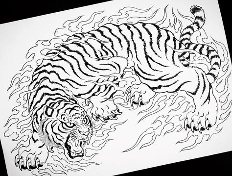 Japanese Tiger Art, Traditional Japanese Tattoo Flash, Sailor Jerry Tattoo Flash, Japanese Tiger Tattoo, Big Cat Tattoo, Vintage Tattoo Art, Tiger Tattoo Sleeve, Japanese Tiger, Tiger Tattoo Design