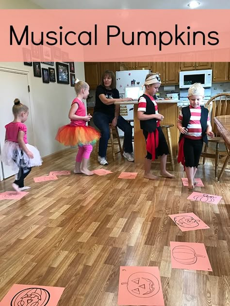 Halloween Musical Chairs, Musical Pumpkins Game, Kids Friendsgiving Party Ideas Food, Fall Relay Games, Musical Pumpkins, Musical Chairs Game, Pumpkin Walk, Preschool Halloween Party, Fall Festival Games