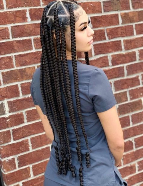 Weist Length Box Braids with Large Triangle Sections Large Knotless Box Braids Updo, Jumbo Triangle Knotless Box Braids, Large Triangle Box Braids, Big Triangle Box Braids, Triangle Box Braids Medium, Four Box Braids, Makeba Braids Styles, Big Braid Styles, London Hairstyles