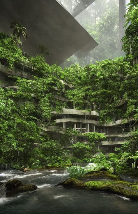 Plant Apocalypse Aesthetic, City Covered In Plants, Distopian Architecture Art, Forest Dystopia, Eco Brutalism Architecture, Distopian Architecture, Eco Brutalism, Modern Forest House, Apocalypse Landscape