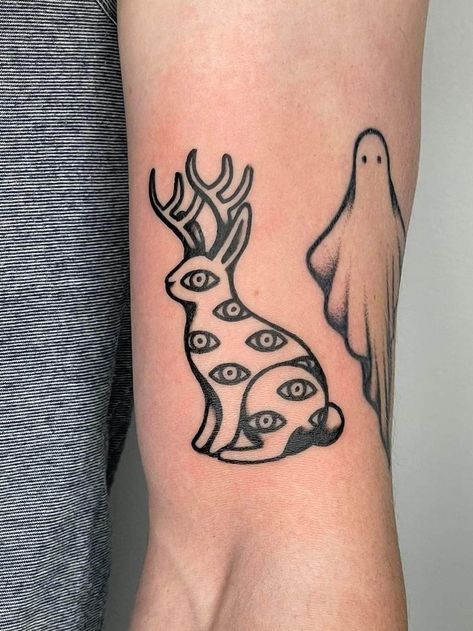 Small Creepy Tattoos, Jackalope Drawing, Cryptid Tattoo, Apprenticeship Portfolio, Tattoo Budapest, Jackalope Tattoo, Atlas Tattoo, Sick Tattoos, Traditional Tattoo Inspiration