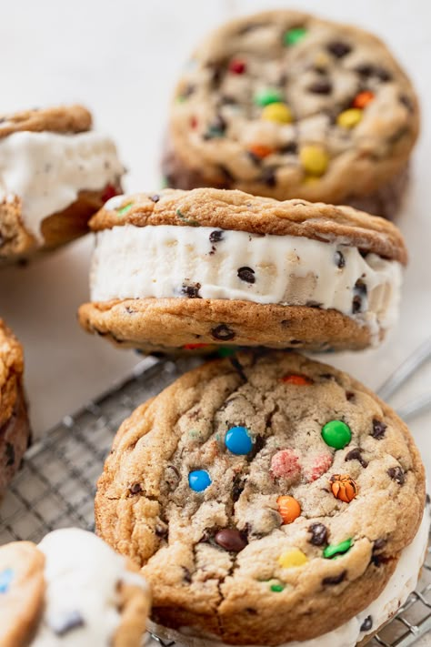 Ice Cream Birthday Treats, M&m Ice Cream Sandwich, M&m Cookie Ice Cream Sandwich, Cookies N Cream Recipes, Chocolate Chip Cookie Ice Cream Sandwich, M&m Dessert, Cookie With Ice Cream, Homemade Ice Cream Bars, Cookies And Ice Cream