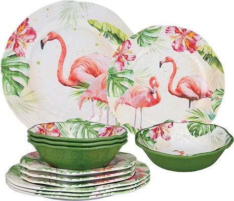 Amazon.com | UPware 12-Piece Melamine Dinnerware Set, Includes Dinner Plates, Salad Plates, Bowls, Service for 4. (Flamingo): Dinnerware Sets Mermaid Sheets, Flamingo Bedding, Round Decorative Pillows, Fancy Flamingo, Melamine Dinnerware Sets, Powder Coated Tumblers, Plates And Bowls Set, Lemon Patterns, Melamine Dinnerware