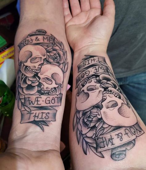 Tattoo To Represent Husband, Couples Skull Tattoos, Skeleton Couple Tattoo, Rose Tattoo Hand, Skull Couple Tattoo, Tatuaje Cover Up, Infinity Couple Tattoos, Skull Pics, Wife Tattoo